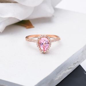 Pink Topaz with Moissanite Halo Ring in Rose Gold Plated Sterling Silver, Pink Topaz Ring, Pink Topaz Jewelry, Gemstone Ring for Women