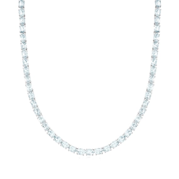 Natural Aquamarine Tennis Necklace in Platinum Plated Sterling