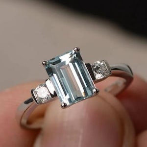 Natural Aquamarine Three Stone Ring in Sterling Silver, Aquamarine Ring, Aquamarine Jewelry, March Birthstone Ring for Women, Gift for Her