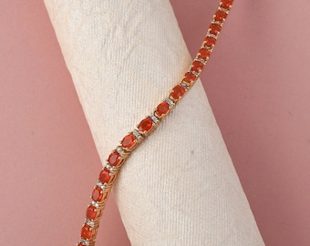 Mexican Fire Opal and Moissanite Bracelet in Yellow Gold Plated Sterling Silver, Opal Tennis Bracelet, Gemstone Jewelry, Gift for Her