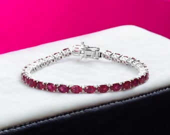 Natural Ruby Tennis Bracelet in Sterling Silver, Gemstone Bracelet, Ruby Jewelry, Silver Bracelet, Gift for Her