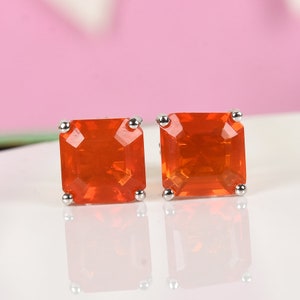 Asscher Cut Mexican Fire Opal Stud Earring in Sterling Silver, Fire Opal Earring, Gemstone Stud, Fire Opal Jewelry, October Birthstone