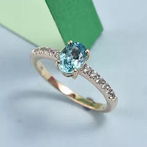 AAA Natural Blue Zircon Ring, Moissanite Accent Ring, Blue Zircon Solitaire Ring, 9K Yellow Gold Ring, Wedding Ring, Gift Ring for Women