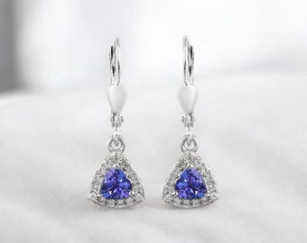 AAAA Tanzanite With Moissanite Lever back earring in Sterling Silver, Tanzanite Earring, Tanzanite Dangle Earring for Women, Gift for Her