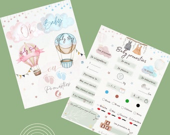 Cartes de jeu pronostics naissance de bébé fille / garçon, pour animation Baby shower & Gender reveal - Design moderne pastel 13 cm - 17 cm