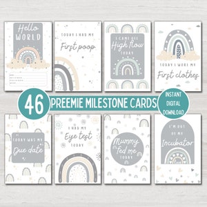 Cartes jalons bébé prématuré USIN, arc-en-ciel bohème gris neutre, accessoire photo bébé, téléchargement numérique imprimable instantané NON MODIFIABLE