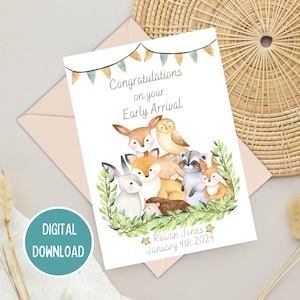 Premature baby gefeliciteerd kaart vroege aankomst, geboortekaart bos dieren, welkom op de wereld, NICU mijlpaal, afdrukbare digitale download