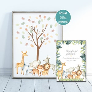 Alternative au livre d'or Safari Animal Baby Shower, arbre d'empreintes digitales, souvenir de shower de bébé éléphant de la jungle, téléchargement numérique instantané