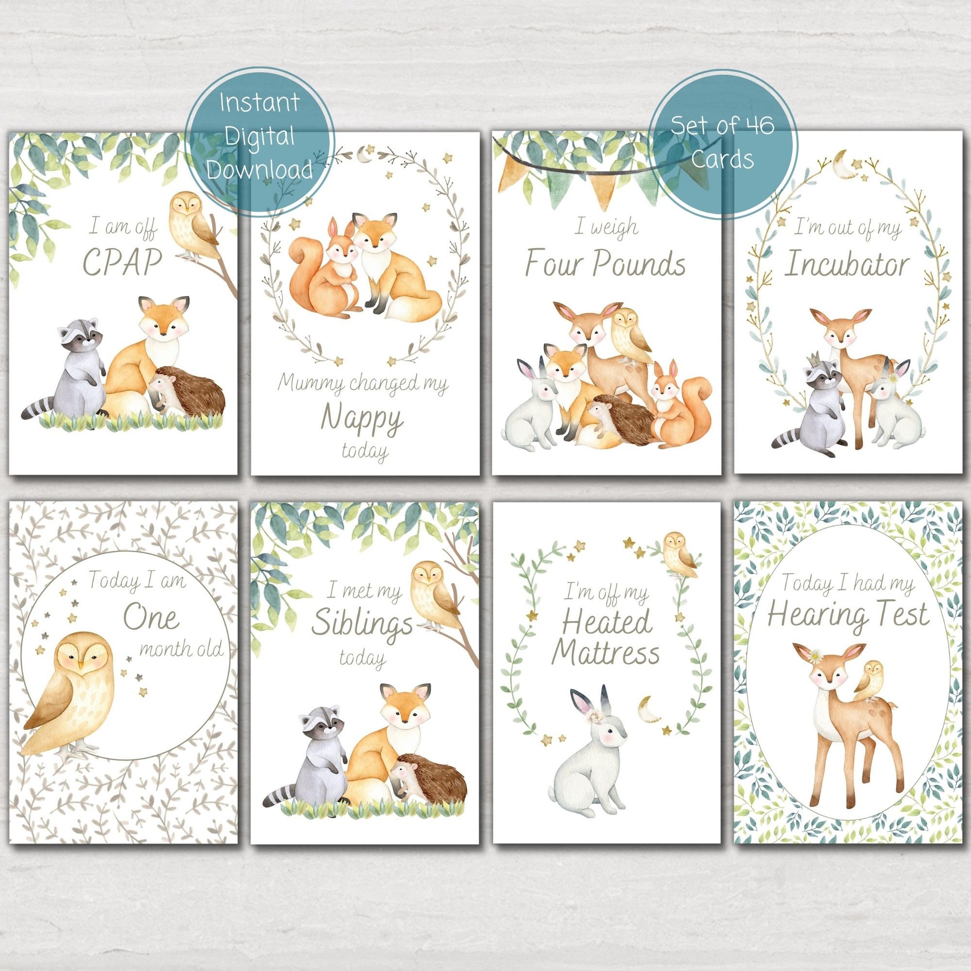 Woodland Animal Preemie Baby NICU Milestone Cards, Forest Animal Baby ...
