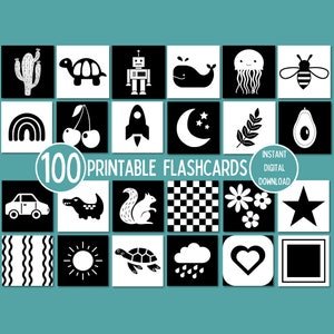 100 flashcard sensoriali in bianco e nero per lo sviluppo dei neonati, flashcard Montessori ad alto contrasto, download digitale stampabile istantaneo