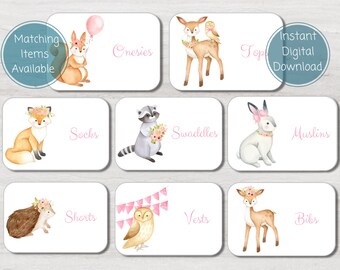 Nursery Drawer Labels For Baby Clothing, Pink Woodland Animal Storage Labels, Nursery Organization, Printable Instant Digital Download