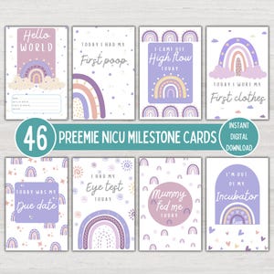 Cartes d'étape importante pour les bébés prématurés, arc-en-ciel mauve, accessoire photo imprimable pour bébés USIN, cartes souvenirs, téléchargement numérique immédiat