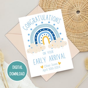 Premature babyjongen gefeliciteerd vroege aankomst kaart, regenboog geboortekaart, Welcome To The World, NICU mijlpaal, afdrukbare digitale download
