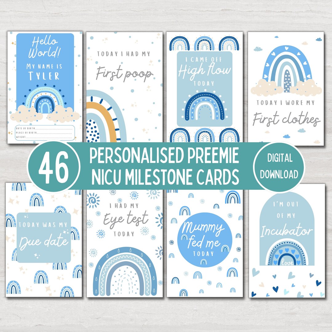 Personalised Preemie NICU Milestone Cards: Blue Rainbow Design Baby ...