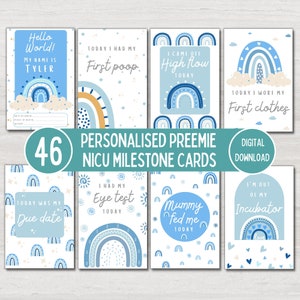 Cartes personnalisées d'étape importante de l'USIN pour bébé prématuré, infirmière de l'USIN, arc-en-ciel bleu bohème, accessoire photo bébé, cartes souvenirs, téléchargement numérique imprimable