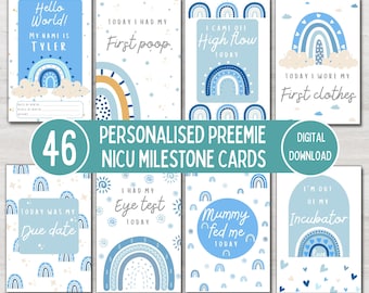 Personalised Preemie Baby NICU Milestone Cards, NICU Nurse, Blue Boho Rainbow, Baby Photo Prop, Keepsake Cards, Printable Digital Download