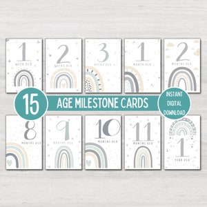 Cartes d'étape mensuelle de bébé pour le nouveau-né, jalons d'âge de bébé arc-en-ciel, cadeau de shower de bébé Hello World, accessoire photo, téléchargement numérique instantané