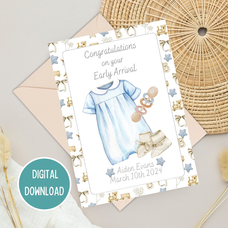 Premature Baby Boy Congratulations Early Arrival Card, Vintage Blue ...