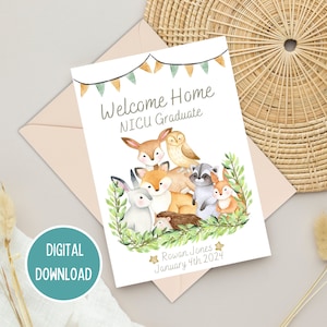 Laureato di benvenuto a casa in terapia intensiva neonatale, biglietto di congratulazioni personalizzato per animali del bosco per bambino prematuro, pietra miliare della terapia intensiva in terapia intensiva neonatale, download digitale stampabile