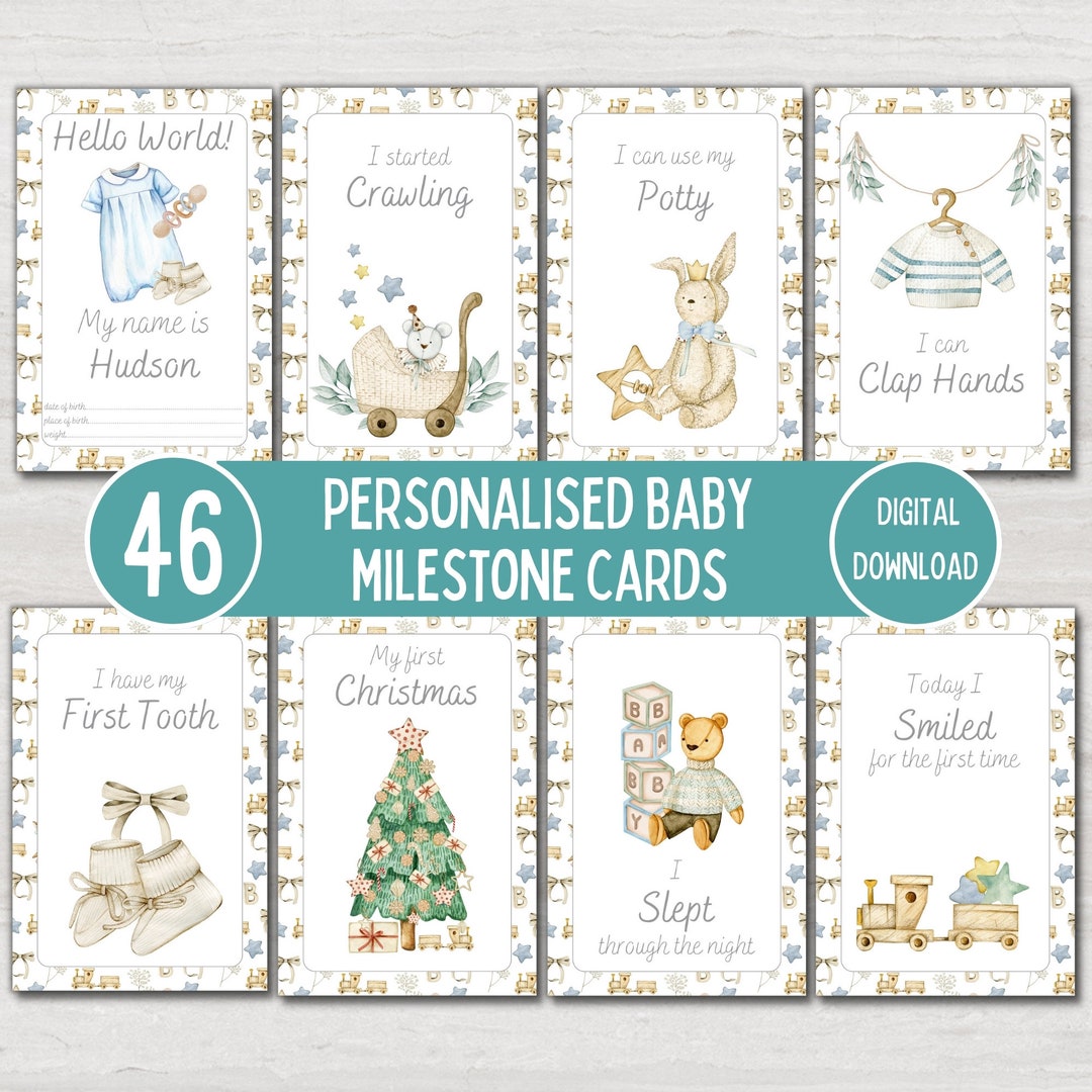 Personalised Baby Milestone Cards: Vintage Blue Theme (digital Download ...