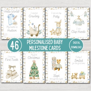 Cartes bébé jalon, cadeau de shower de bébé bleu vintage personnalisé, jalons mensuels pour bébé, accessoire photo, téléchargement numérique imprimable