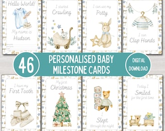 Cartes bébé jalon, cadeau de shower de bébé bleu vintage personnalisé, jalons mensuels pour bébé, accessoire photo, téléchargement numérique imprimable