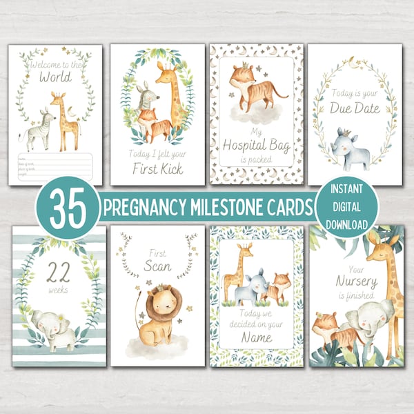 Safari Animal Pregnancy Milestone Cards to Document Mum to be Pregnancy Journey, Pregnancy Announcement, Instant Printable Digital Download