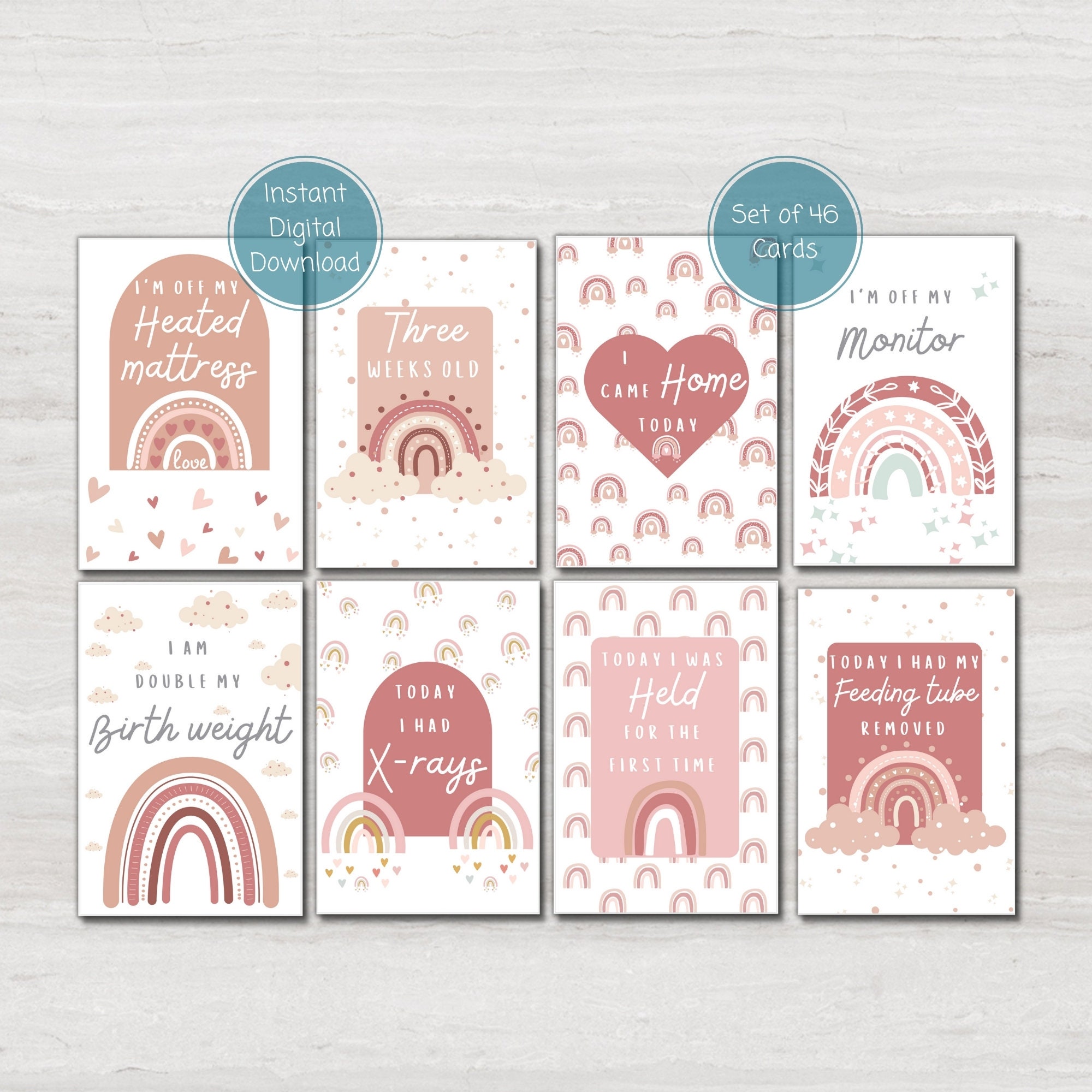 Preemie Baby NICU Milestone Cards, Pink Boho Rainbow, Baby Photo Prop ...