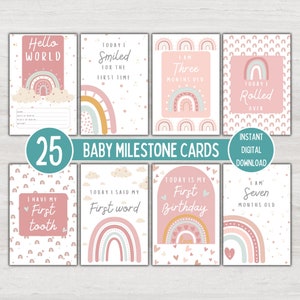 Cartes bébé rose, arc-en-ciel bohème, cadeau baby shower, carte bébé nouveau-né, faire-part de naissance, Bonjour tout le monde, cartes bébé mois, téléchargement immédiat