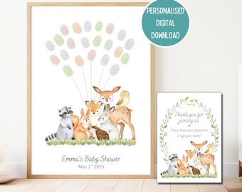 Personalised Woodland Animal Fingerprint Balloon Guestbook: Baby Shower Keepsake (Digital Download)