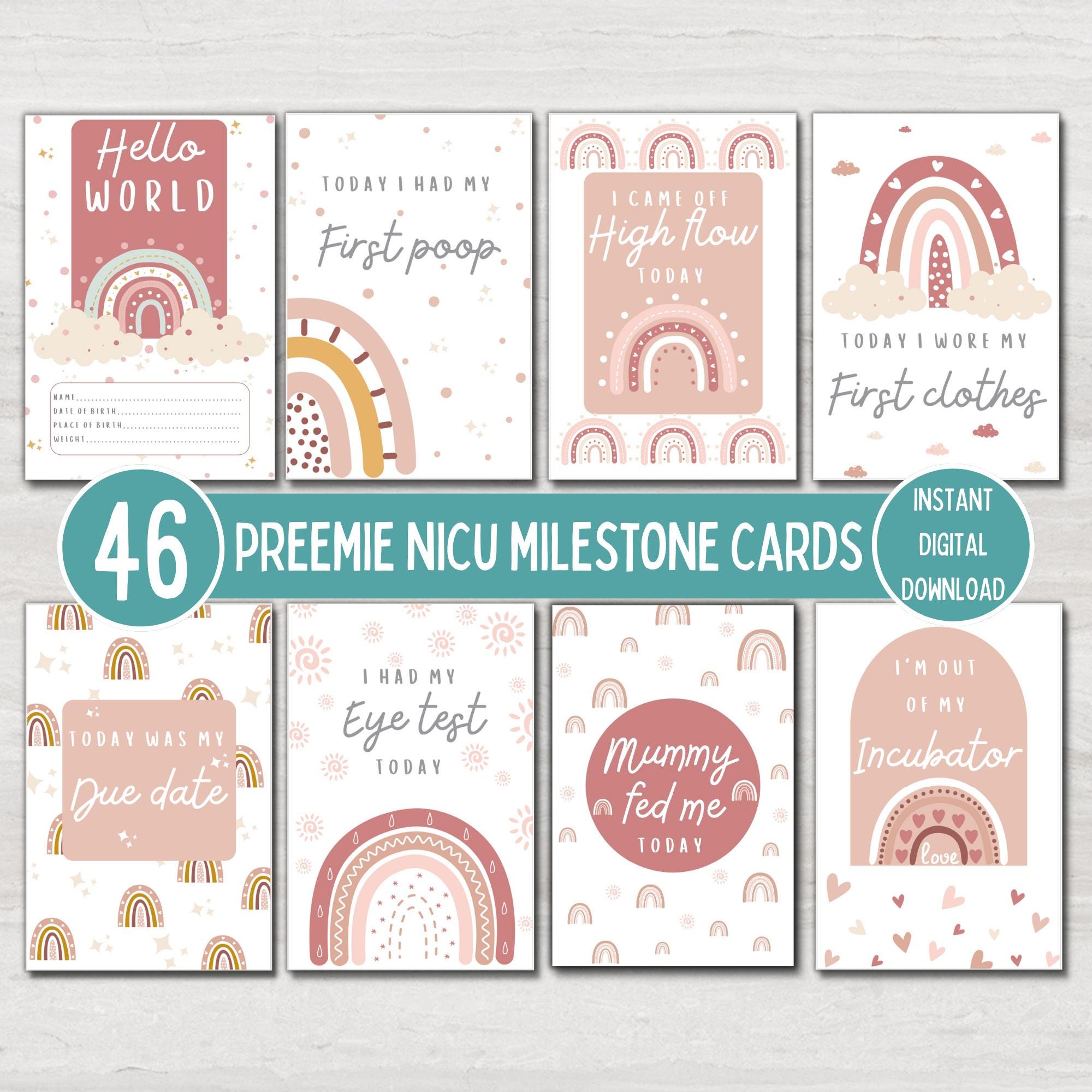 Preemie Baby NICU Milestone Cards, Pink Boho Rainbow, Baby Photo Prop ...