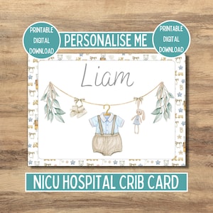 Baby Namenskarte für NICU Inkubator, Frühchen Isolette, Krankenhaus Krippe Kinderbett Namensschild, Vintage blaues personalisiertes Preemie Geschenk, digitaler Download