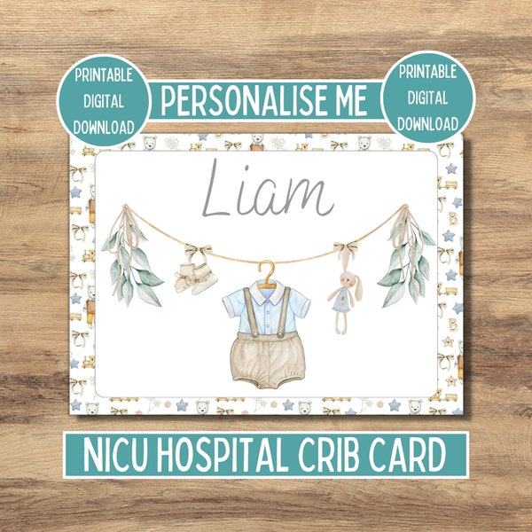 Personalised NICU Hospital Incubator Baby Name Card, Vintage Blue Boy, Baby Name Sign For Preemie Isolette, Cot, Crib,Preemie Gift,Download