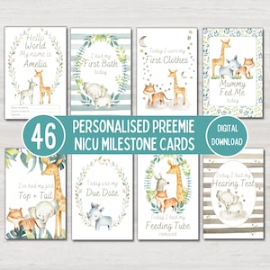 Cartes d'étape importante de l'USIN pour bébé prématuré Safari, étapes importantes de bébé personnalisées, cartes souvenir de bébé, infirmière de l'USIN, téléchargement numérique imprimable