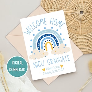 Diplômé de l'USIN Bienvenue chez vous, carte de félicitations personnalisée arc-en-ciel bleu pour bébé prématuré, étape importante de l'USIN, téléchargement numérique imprimable