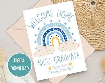 Welcome Home NICU Graduate, Personalised Blue Rainbow Congratulations Card for Premature Baby Boy, NICU Milestone,Printable Digital Download