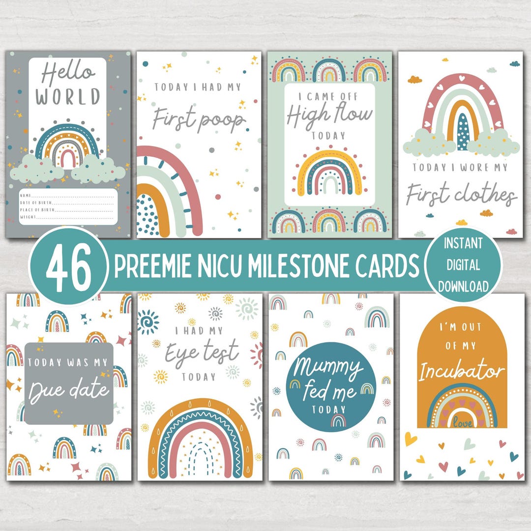 Preemie Baby NICU Milestone Cards, Rainbow Gender Neutral Printable ...