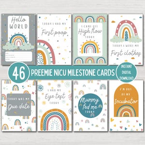 Cartes d'étape importante de l'USIN pour bébé prématuré, arc-en-ciel, accessoire photo imprimable pour bébé de l'USIN neutre en matière de genre, cartes d'étape souvenir, téléchargement numérique immédiat