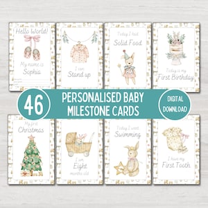 Tarjetas de hitos para bebés, regalo vintage rosa para baby shower de niña, hitos mensuales personalizados para bebés, accesorio fotográfico, descarga digital imprimible