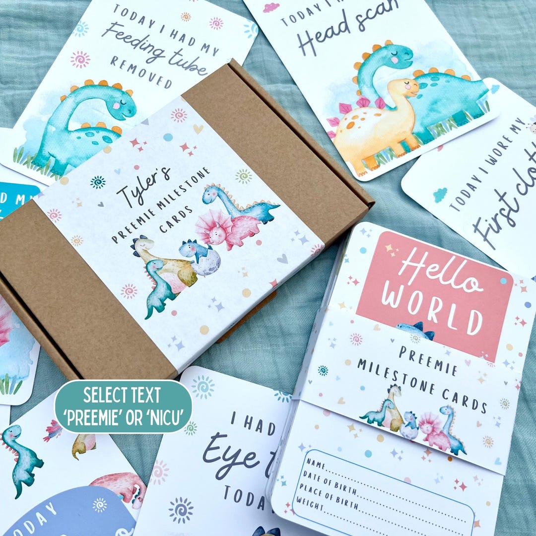 Dinosaur Preemie Baby NICU Milestone Cards in A Personalised Keepsake ...