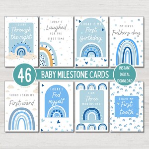 Cartões Blue Baby Milestone, Boho Rainbow, presente de chá de bebê, marcos da NICU, download digital para impressão instantânea, NÃO EDITÁVEL