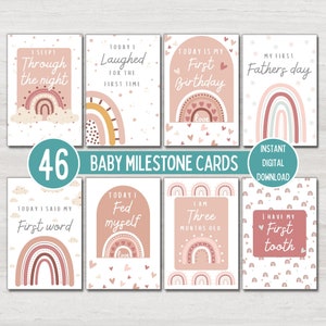 Cartes roses pour bébé, jalons bohèmes, arc-en-ciel bohème, cadeau de baby shower, jalons de l'USIN, téléchargement numérique imprimable instantané, NON MODIFIABLE