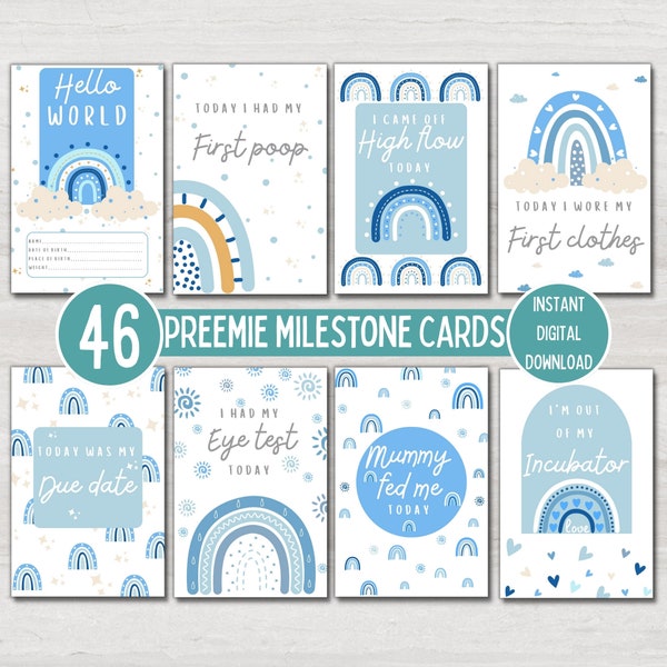 Preemie Baby NICU Milestone Cards, Blue Boho Rainbow, Baby Photo Prop, Keepsake Cards, Instant Printable Digital Download, NON EDITABLE