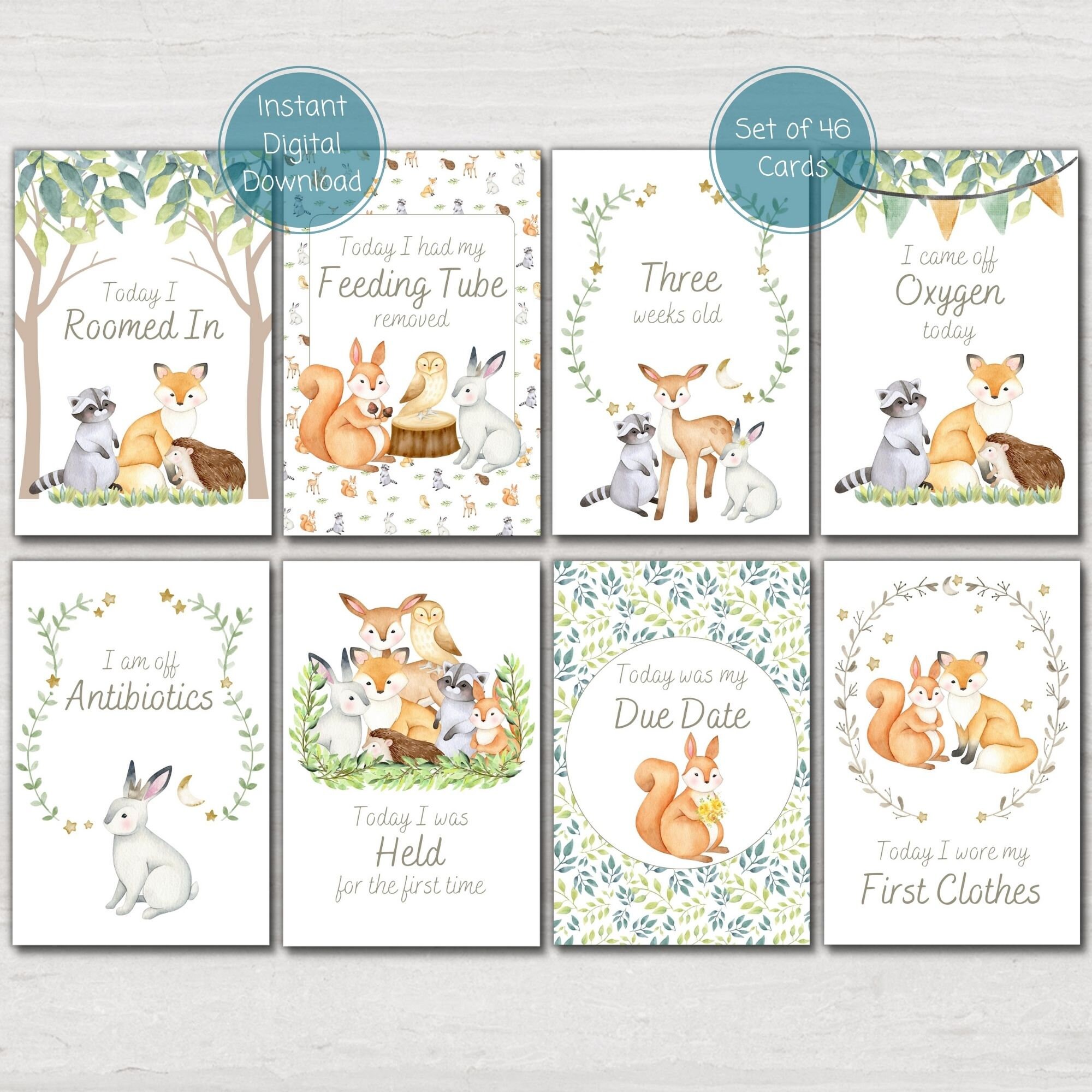 Woodland Animal Preemie Baby NICU Milestone Cards, Forest Animal Baby ...
