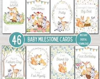 Woodland Animal Baby Milestone Cards, Baby Shower Gift, Baby Keepsake Cards, NICU Milestones, Instant Printable Digital Download