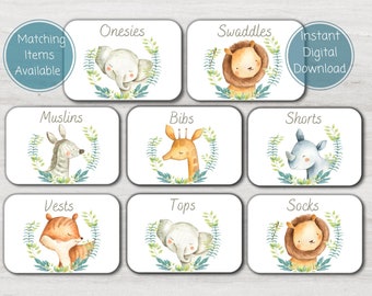 Safari Animal Nursery Drawer Labels For Baby Clothing, Baby Storage Labels, Nursery Closet Organisation, Printable Instant Digital Download