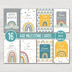 Baby Monatliche Meilenstein Karten für Neugeborene, Regenbogen Baby Alter Meilensteine, Hello World Babypartygeschenk, Photo Prop, sofortiger digitaler Download