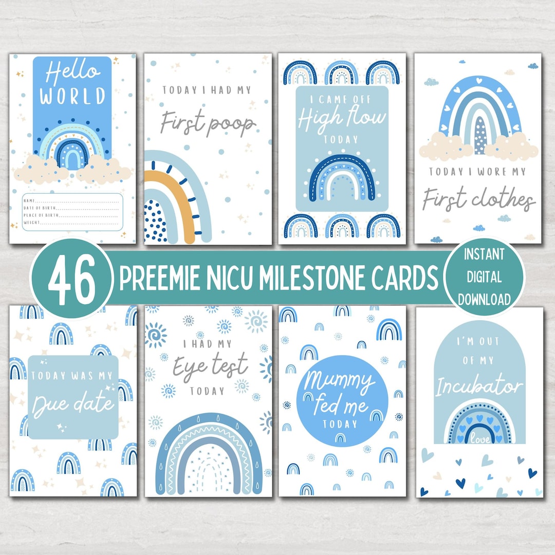 Preemie Baby NICU Milestone Cards, Blue Boho Rainbow, Baby Photo Prop ...