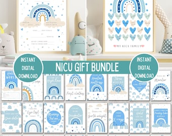 NICU Milestone Gift Bundle, Blue Rainbow Preemie Baby Milestone Cards, NICU Graduate Certificate, NICU My Family Print, Printable Download