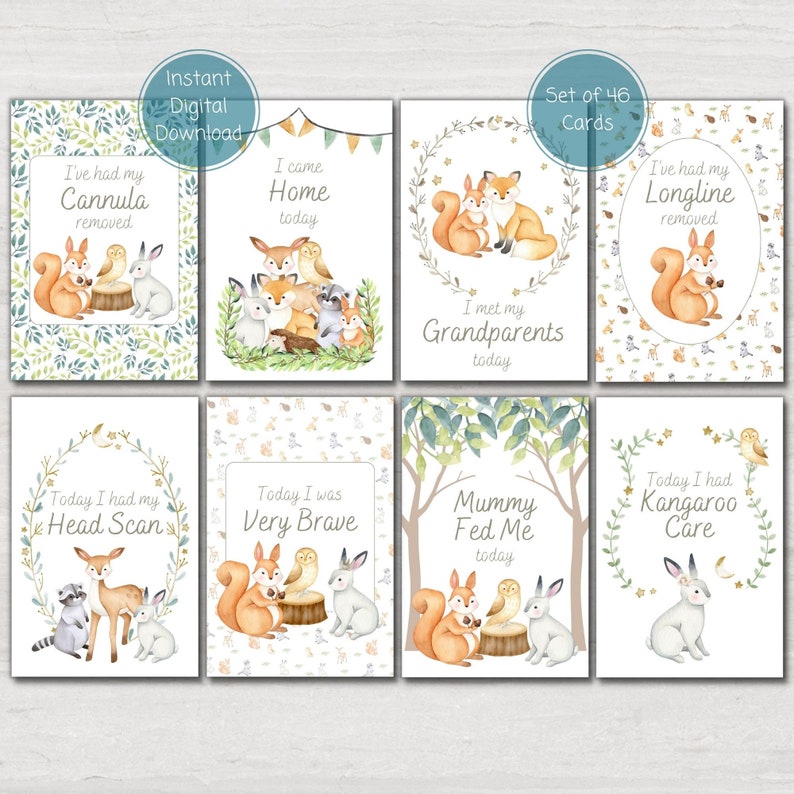 Woodland Animal Preemie Baby NICU Milestone Cards, Forest Animal Baby ...